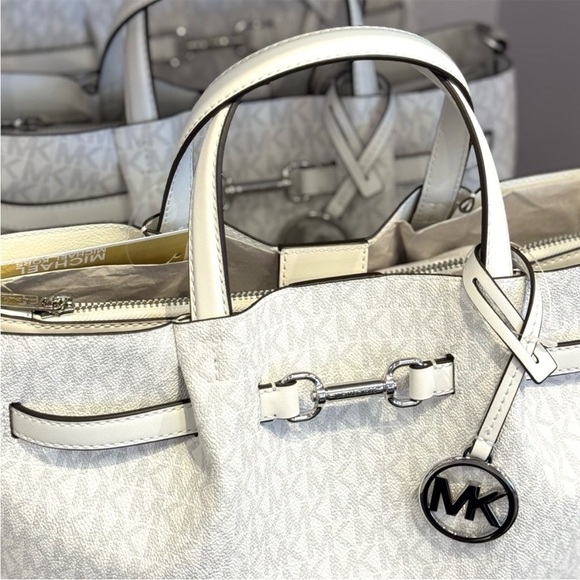 Michael Kors Carson Medium Signature Logo Satchel Bag Optic White - Picture 5 of 9